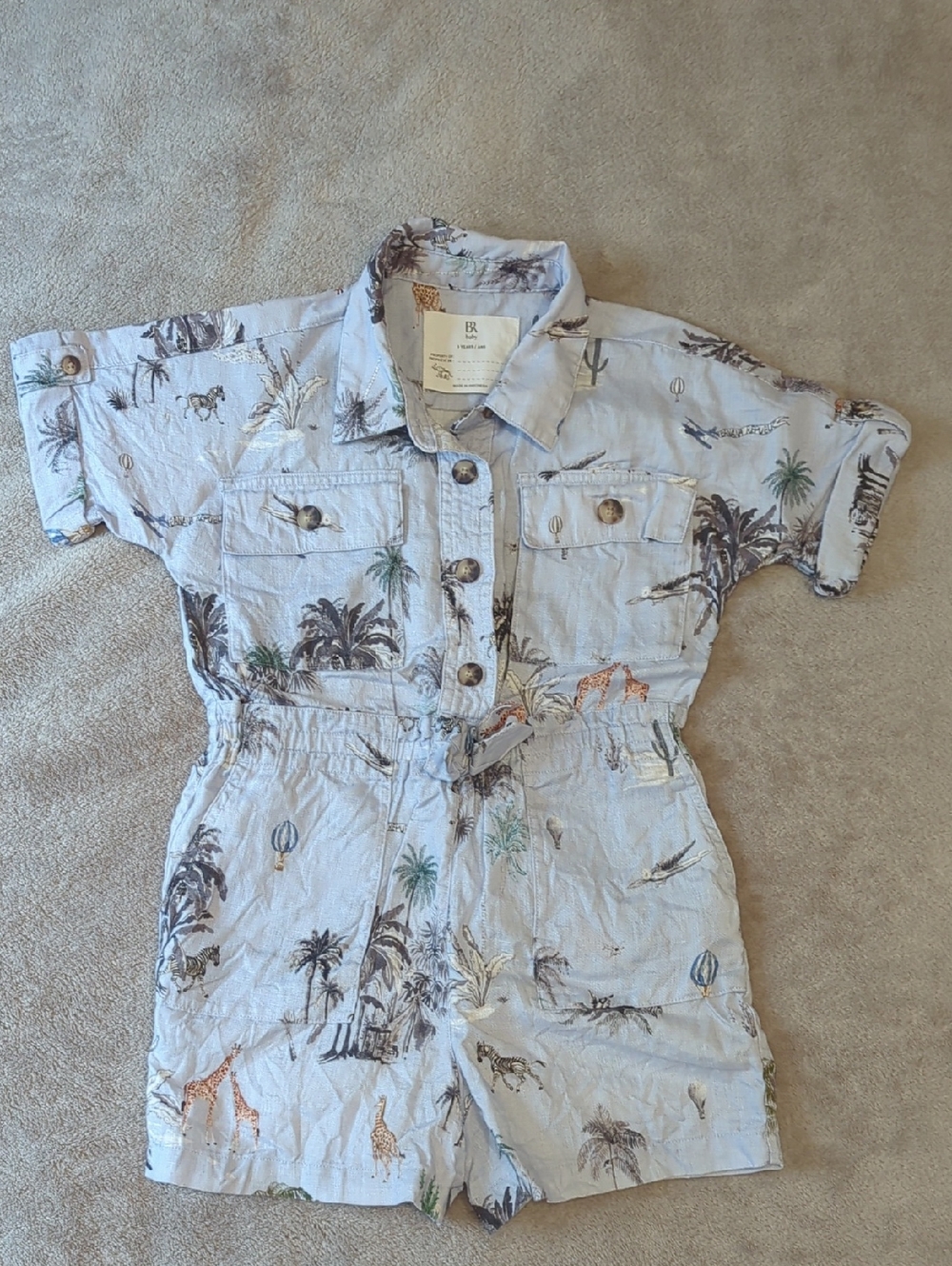 BR Light Blue Tropical Print Linen Romper 5y